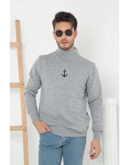 Unisex Yarım Boğazlı Baskılı Dokuma Triko  Gri