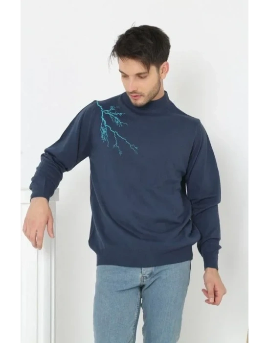 Unisex Yarım Boğazlı Baskılı Dokuma Triko  Indigo