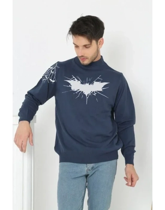 Unisex Yarım Boğazlı Baskılı Dokuma Triko Indigo