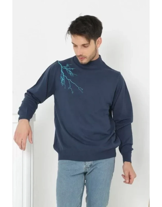 Unisex Yarım Boğazlı Baskılı Dokuma Triko  Indigo