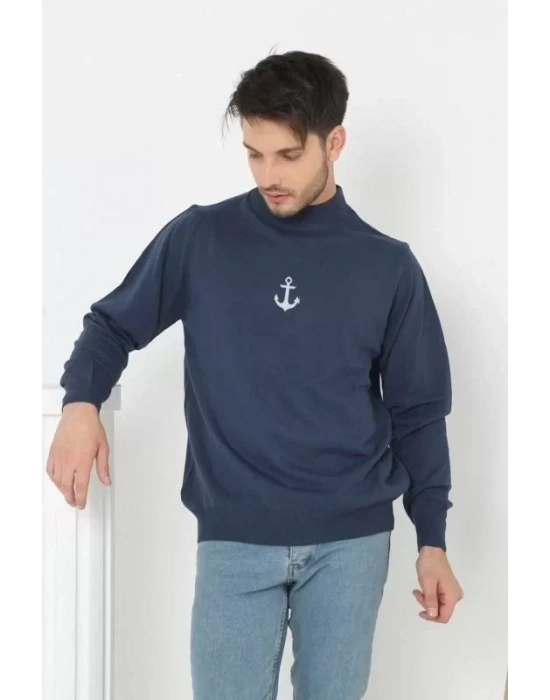 Unisex Yarım Boğazlı Baskılı Dokuma Triko  Indigo