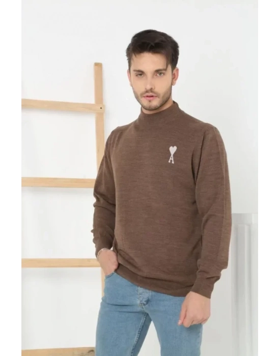 Unisex Yarım Boğazlı Baskılı Dokuma Triko  Kahve