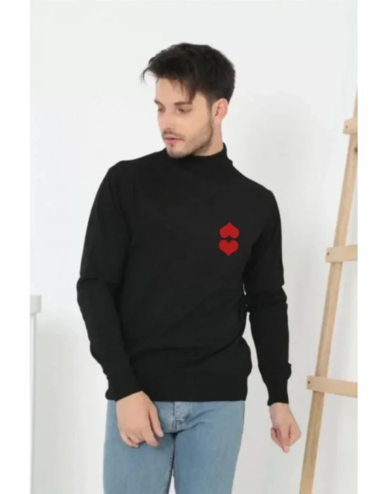 Unisex Yarım Boğazlı Baskılı Dokuma Triko  Siyah