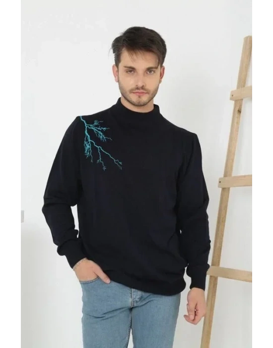 Unisex Yarım Boğazlı Baskılı Dokuma Triko  Siyah