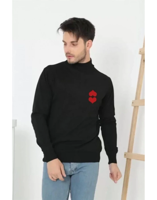 Unisex Yarım Boğazlı Baskılı Dokuma Triko  Siyah