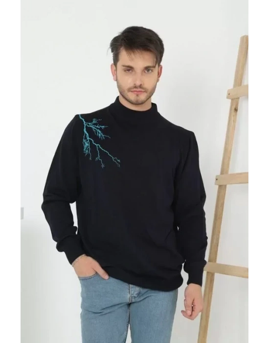 Unisex Yarım Boğazlı Baskılı Dokuma Triko  Siyah