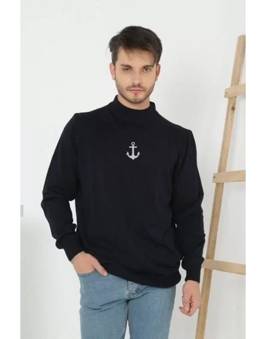 Unisex Yarım Boğazlı Baskılı Dokuma Triko  Siyah