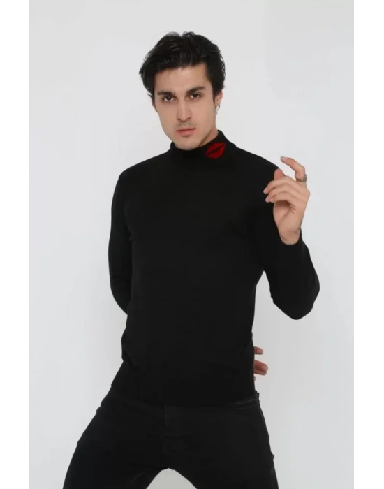 Unisex Yarım Boğazlı Baskılı Dokuma Triko  Siyah