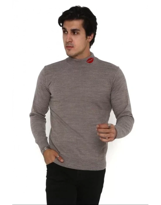 Unisex Yarım Boğazlı Baskılı Dokuma Triko  Vizon