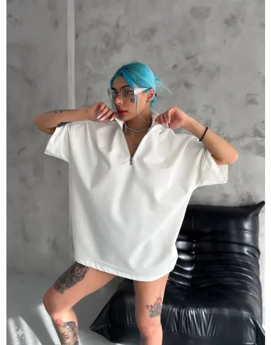 Unisex Yarım Fermuarlı Basic Thirt  Beyaz