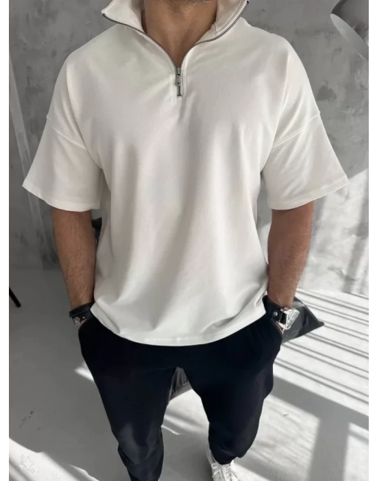 Unisex Yarım Fermuarlı Basic Thirt  Beyaz