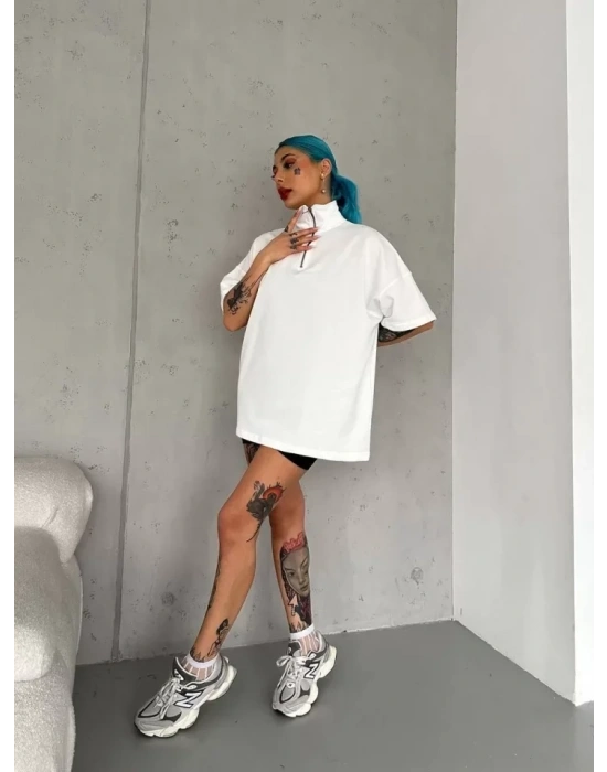 Unisex Yarım Fermuarlı Basic Thirt  Beyaz