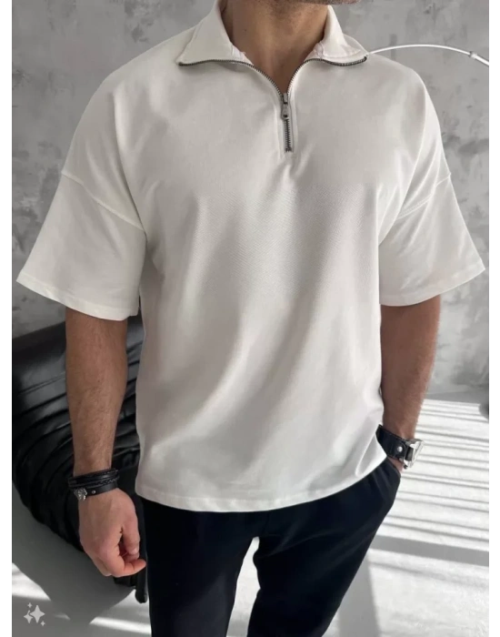 Unisex Yarım Fermuarlı Basic Thirt  Beyaz