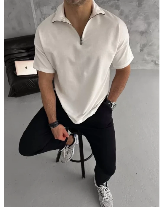 Unisex Yarım Fermuarlı Basic Thirt  Beyaz
