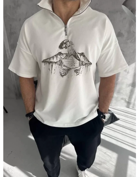 Unisex Yarım Fermuarlı Baskılı Oversize Thirt  Beyaz