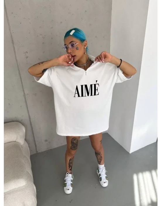 Unisex Yarım Fermuarlı Baskılı Thirt  Beyaz