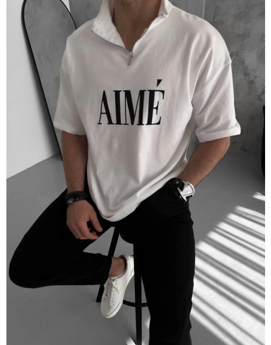 Unisex Yarım Fermuarlı Baskılı Thirt  Beyaz
