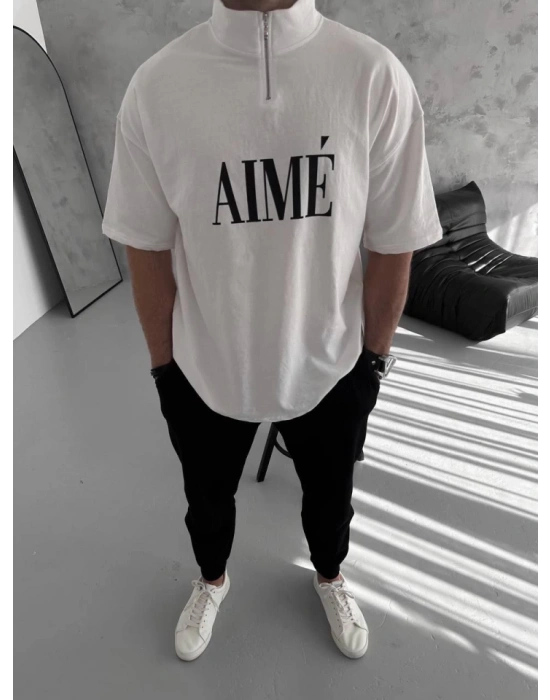 Unisex Yarım Fermuarlı Baskılı Thirt  Beyaz