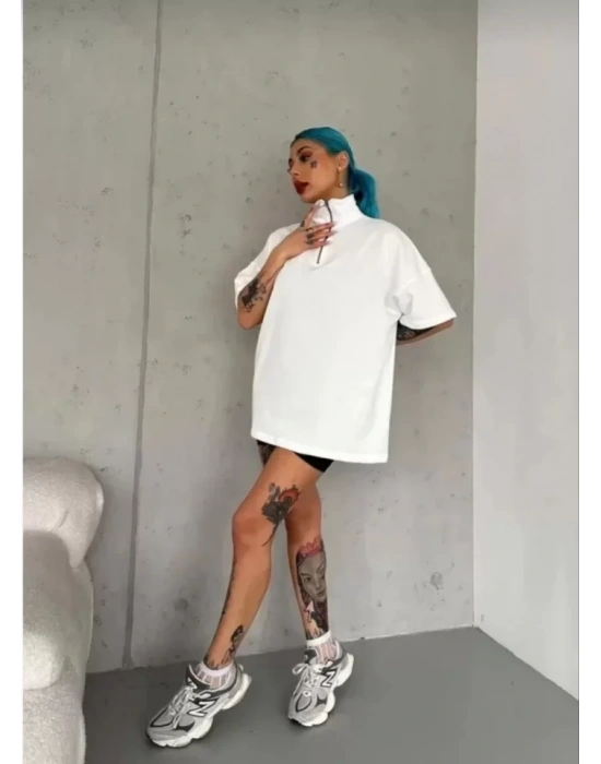 Unisex Yarım Fermuarlı Düz Oversize Thirt  Beyaz