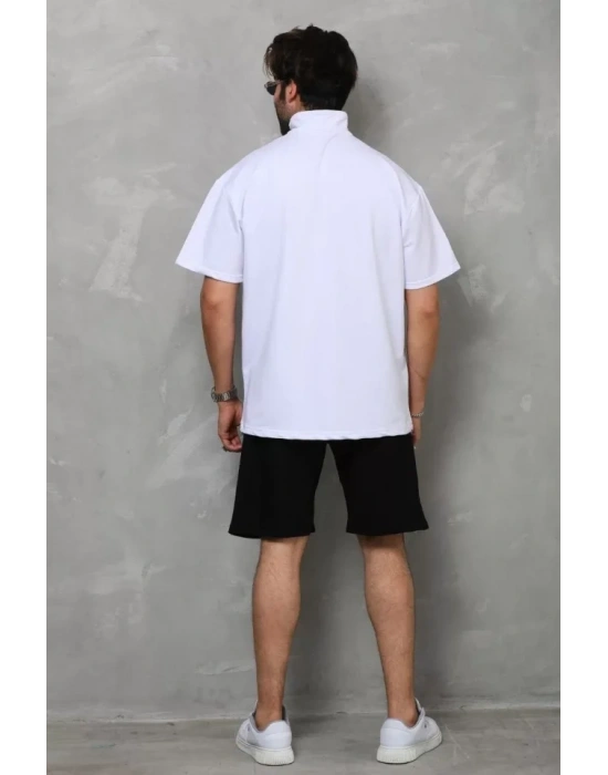 Unisex Yarım Fermuarlı Düz Oversize Tshirt  Beyaz