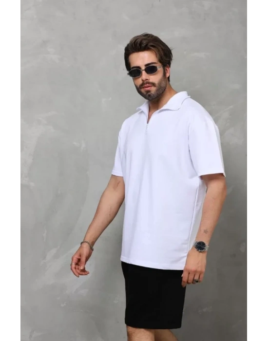 Unisex Yarım Fermuarlı Düz Oversize Tshirt  Beyaz