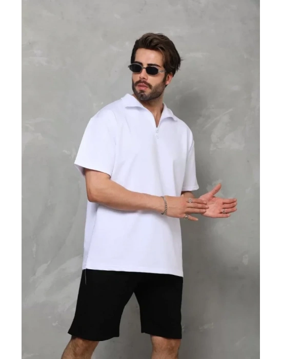 Unisex Yarım Fermuarlı Düz Oversize Tshirt  Beyaz