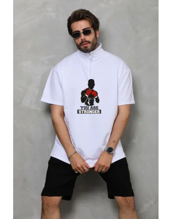 Unisex Yarım Fermuarlı Oversize Baskılı Thirt  Beyaz