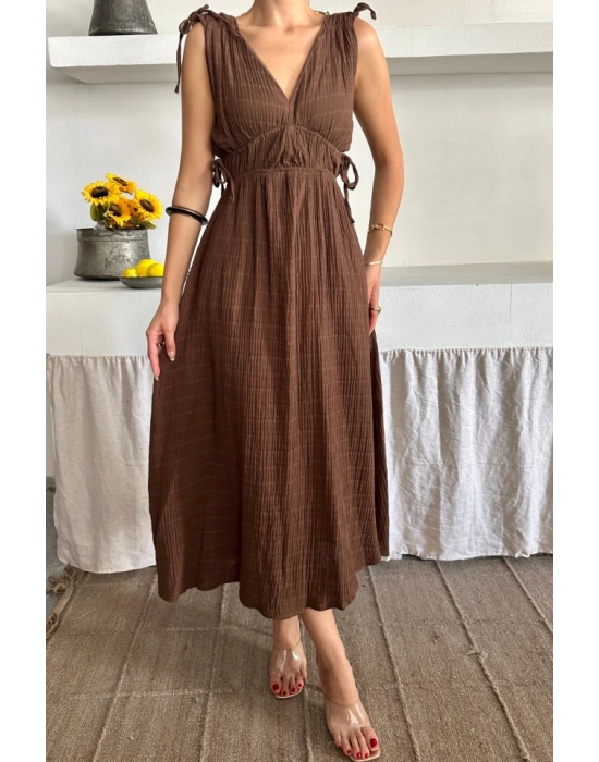 ÜSLİN ELBİSE OUZ BÜZGÜ DETAYLI V YAKA KOLSUZ ELBİSE  Kahverengi