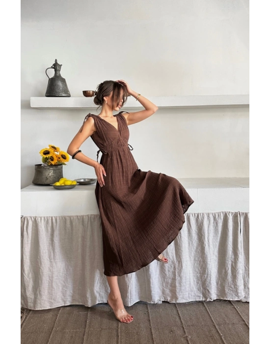 ÜSLİN ELBİSE OUZ BÜZGÜ DETAYLI V YAKA KOLSUZ ELBİSE  Kahverengi