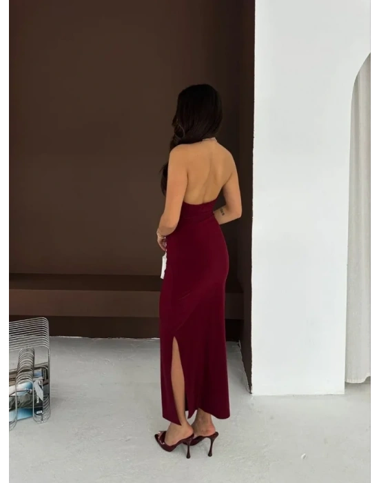 Uzun Abiye Elbise Yırtmaçlı ırt Dekolteli Şık Gece Elbisesi  Bordo