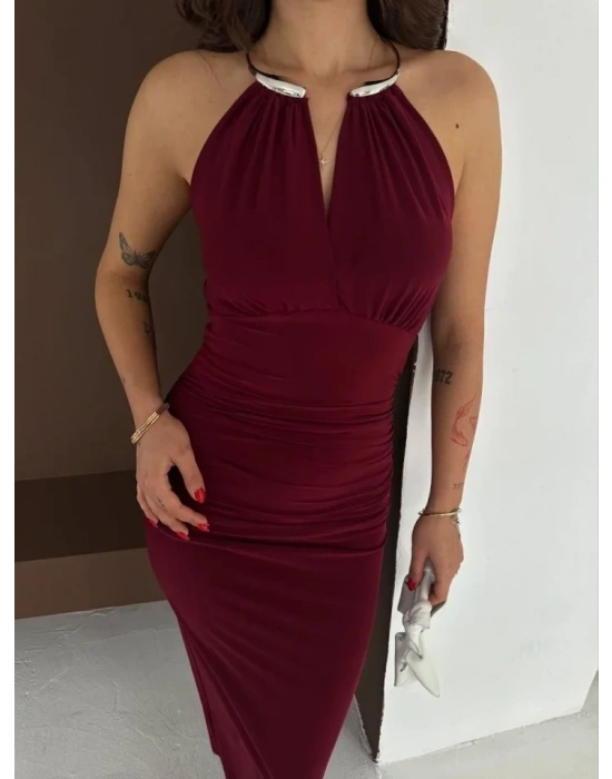 Uzun Abiye Elbise Yırtmaçlı ırt Dekolteli Şık Gece Elbisesi  Bordo