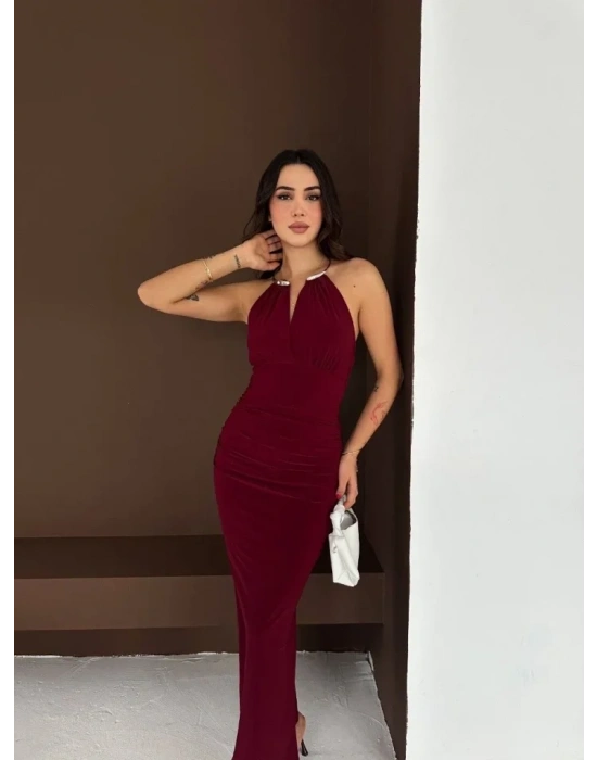 Uzun Abiye Elbise Yırtmaçlı ırt Dekolteli Şık Gece Elbisesi  Bordo