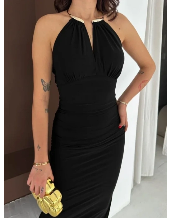 Uzun Abiye Elbise Yırtmaçlı ırt Dekolteli Şık Gece Elbisesi  iyah