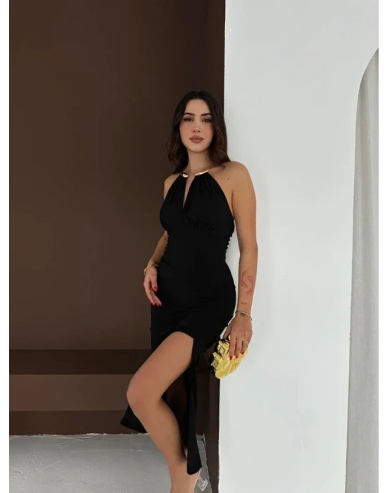 Uzun Abiye Elbise Yırtmaçlı ırt Dekolteli Şık Gece Elbisesi  iyah