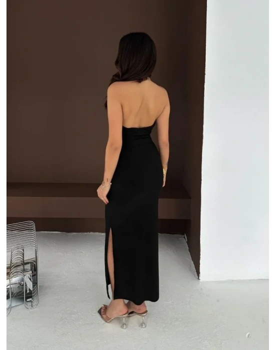 Uzun Abiye Elbise Yırtmaçlı ırt Dekolteli Şık Gece Elbisesi  iyah