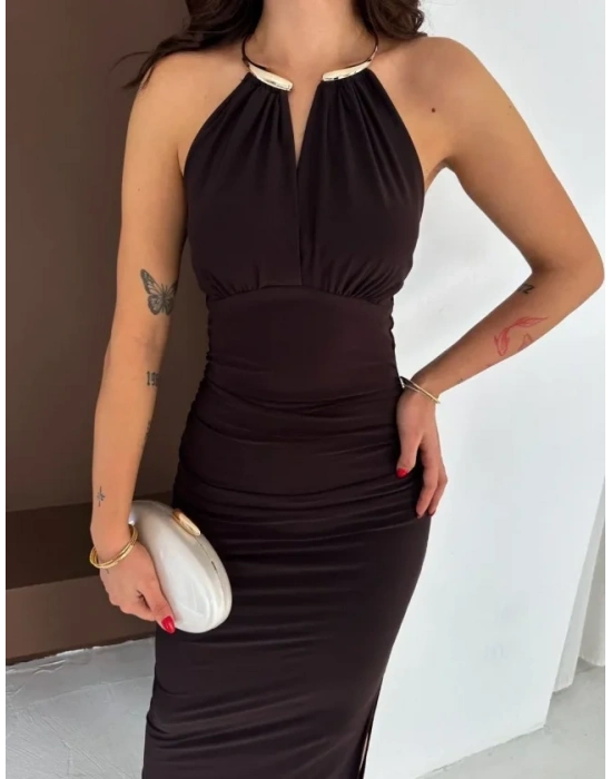 Uzun Abiye Elbise Yırtmaçlı ırt Dekolteli Şık Gece Elbisesi  Kahverengi