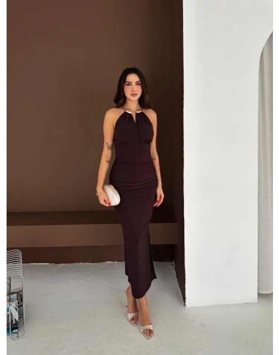 Uzun Abiye Elbise Yırtmaçlı ırt Dekolteli Şık Gece Elbisesi  Kahverengi