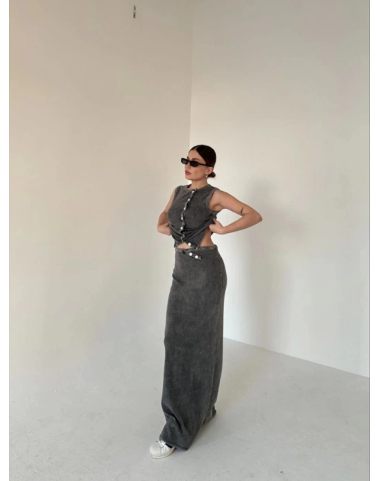 Uzun Etekli Önü Düğmeli Badi İkili Takım Antrasit