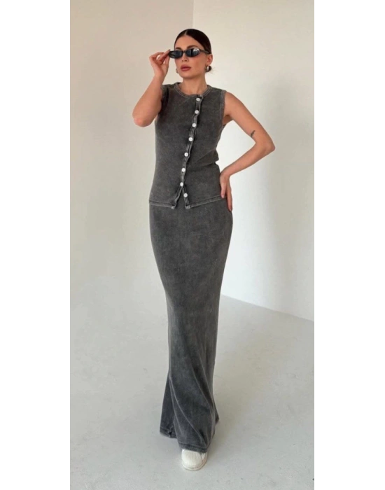 Uzun Etekli Önü Düğmeli Badi İkili Takım Antrasit