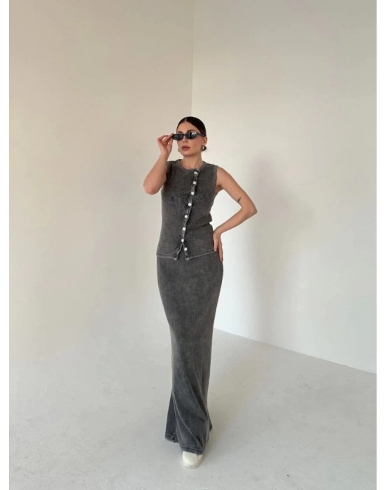 Uzun Etekli Önü Düğmeli Badi İkili Takım Antrasit