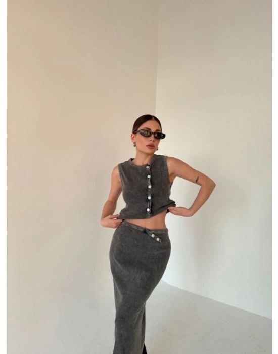 Uzun Etekli Önü Düğmeli Badi İkili Takım Antrasit