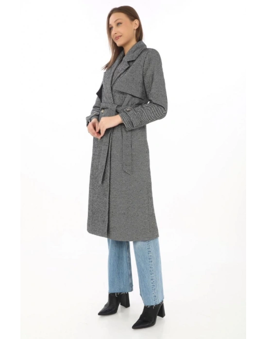 Uzun Kaşe Kaban – Balık Sırtı Dokuma Kaşmir Kumaş, Kruvaze Yaka, Kuşaklı Cepli Model, Oversize Rahat Kalıp  Boyalı Gri