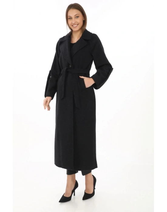 Uzun Kaşe Kaban – Yünlü Dokuma Kaşmir Kumaş, Kruvaze Yaka, Kuşaklı Astarlı Tesettür Uyumlu Şık Kışlık Siyah Model  Siyah