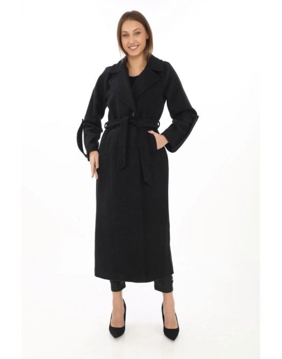 Uzun Kaşe Kaban – Yünlü Dokuma Kaşmir Kumaş, Kruvaze Yaka, Kuşaklı Astarlı Tesettür Uyumlu Şık Kışlık Siyah Model  Siyah