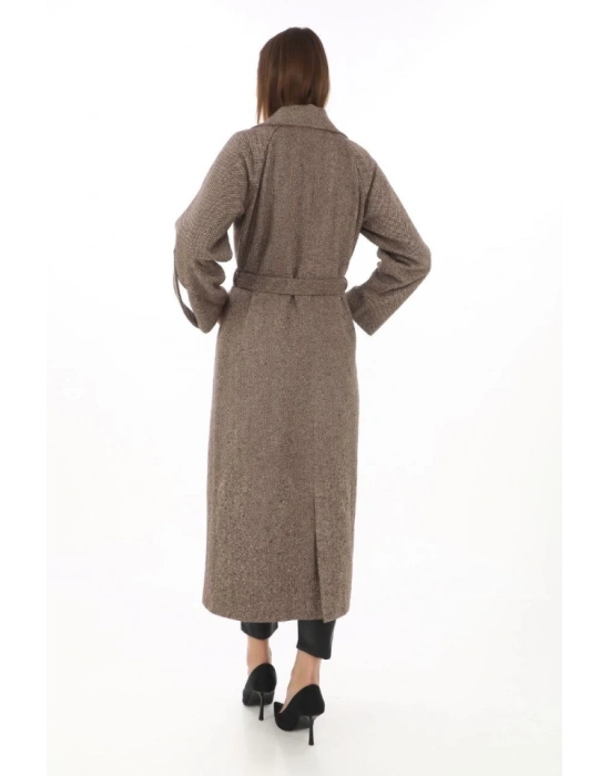 Uzun Kaşe Kaban – Yünlü Dokuma Kaşmir Kumaş, Kruvaze Yaka, Kuşaklı Astarlı Tesettür Uyumlu Şık Kışlık Siyah Model Vizon