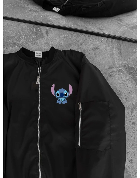 Uzun Kol Astarlı Tam Kalıp Baskılı Bomber Ceket  iyah