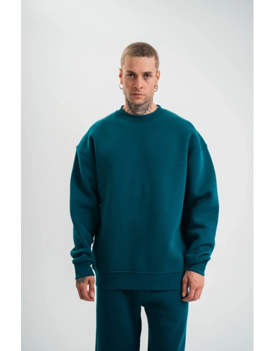 Uzun Kol Bisiklet Yaka Basic weathirt  Koyu Deniz Yeşili