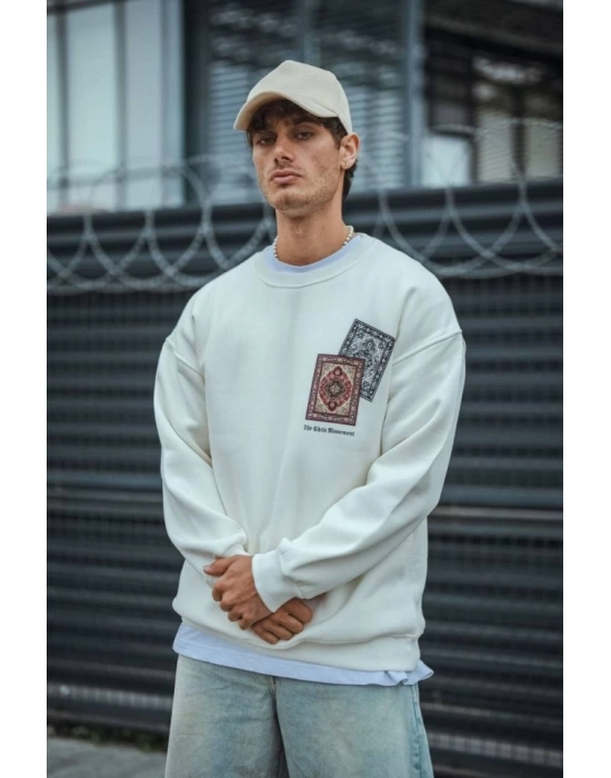 Uzun Kol Bisiklet Yaka Baskılı weathirt  Beyaz