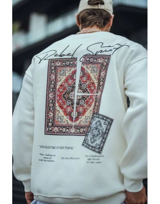 Uzun Kol Bisiklet Yaka Baskılı weathirt  Beyaz