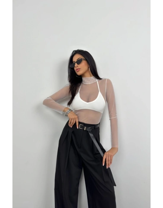 Uzun Kol Boyunlu Tül Bluz